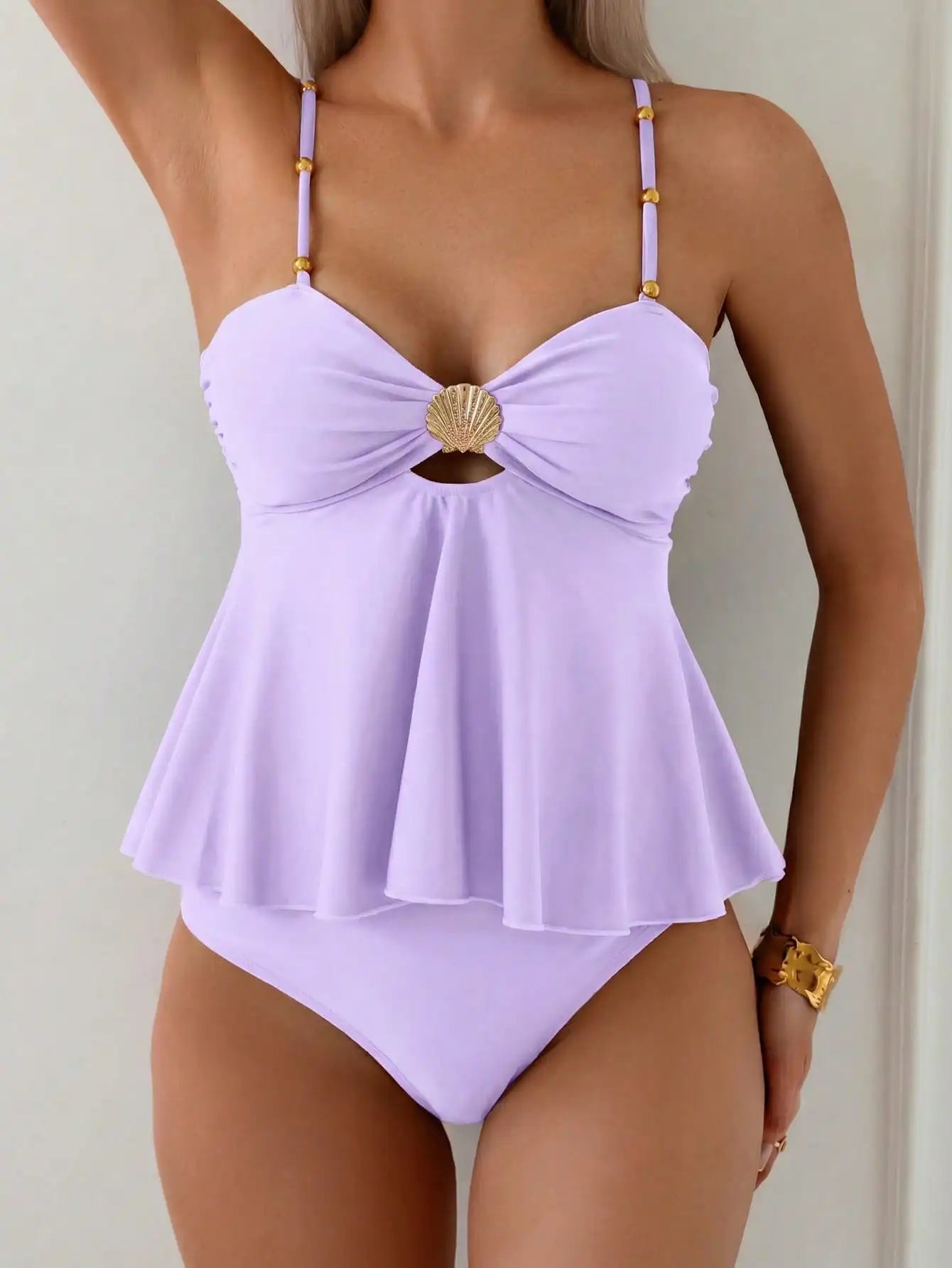 Elegant Brown Shell Beaded Tankini Set For Women Beach Vacation Swimwear