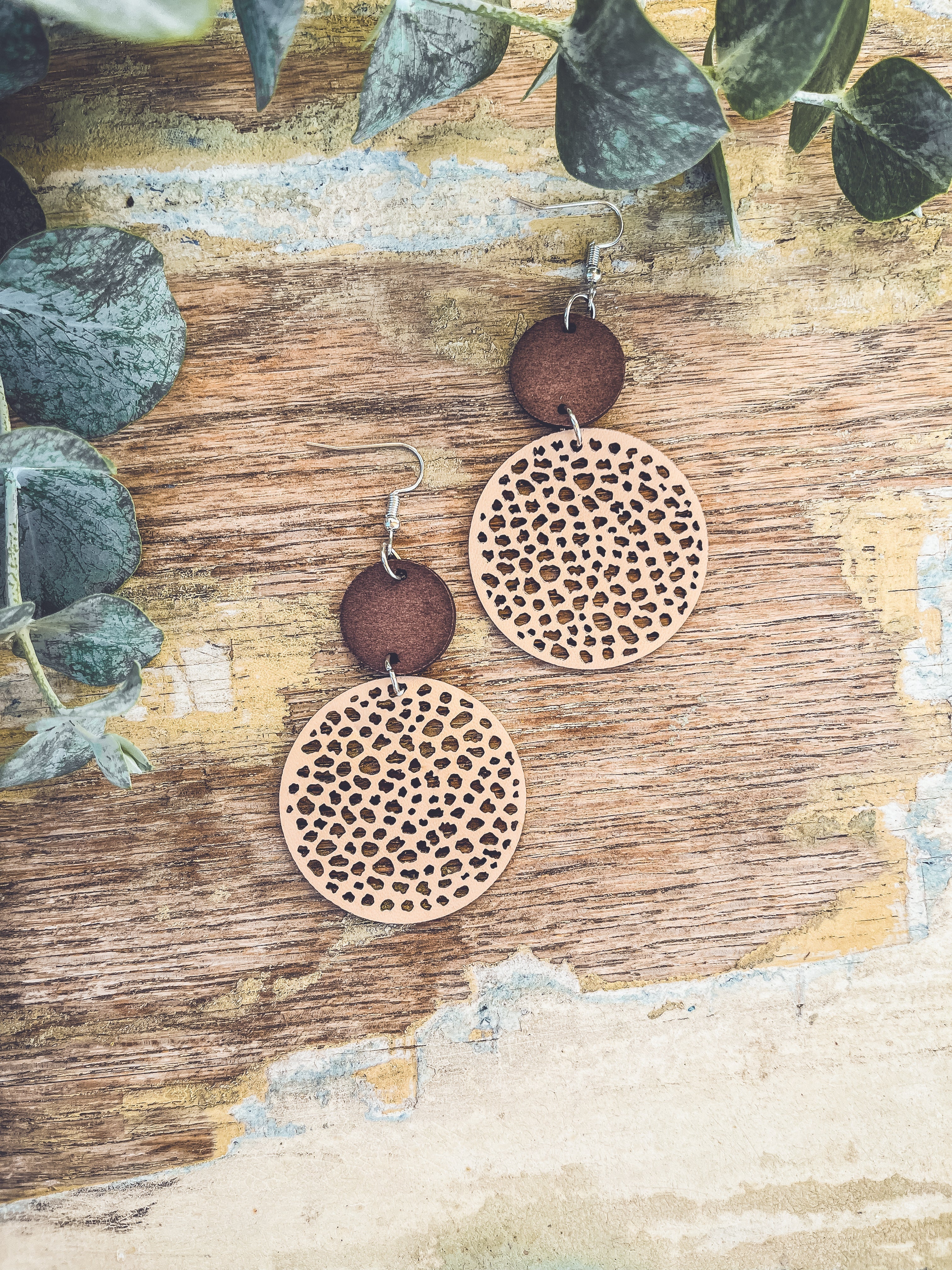 Beautiful Cream Leather and Wood Earrings