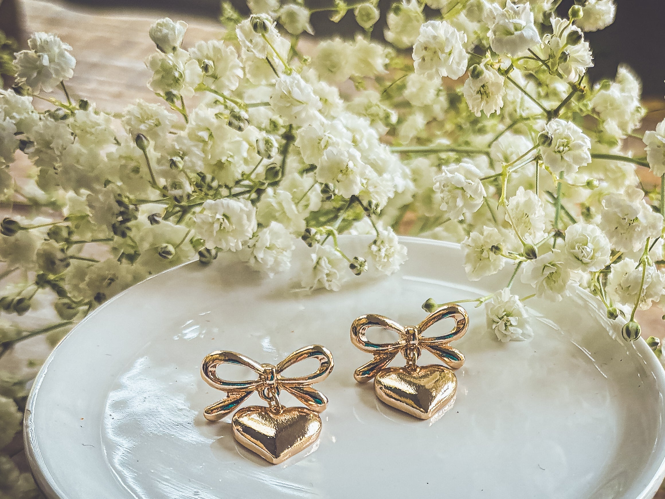 Beautiful Gold Heart Bow Earrings