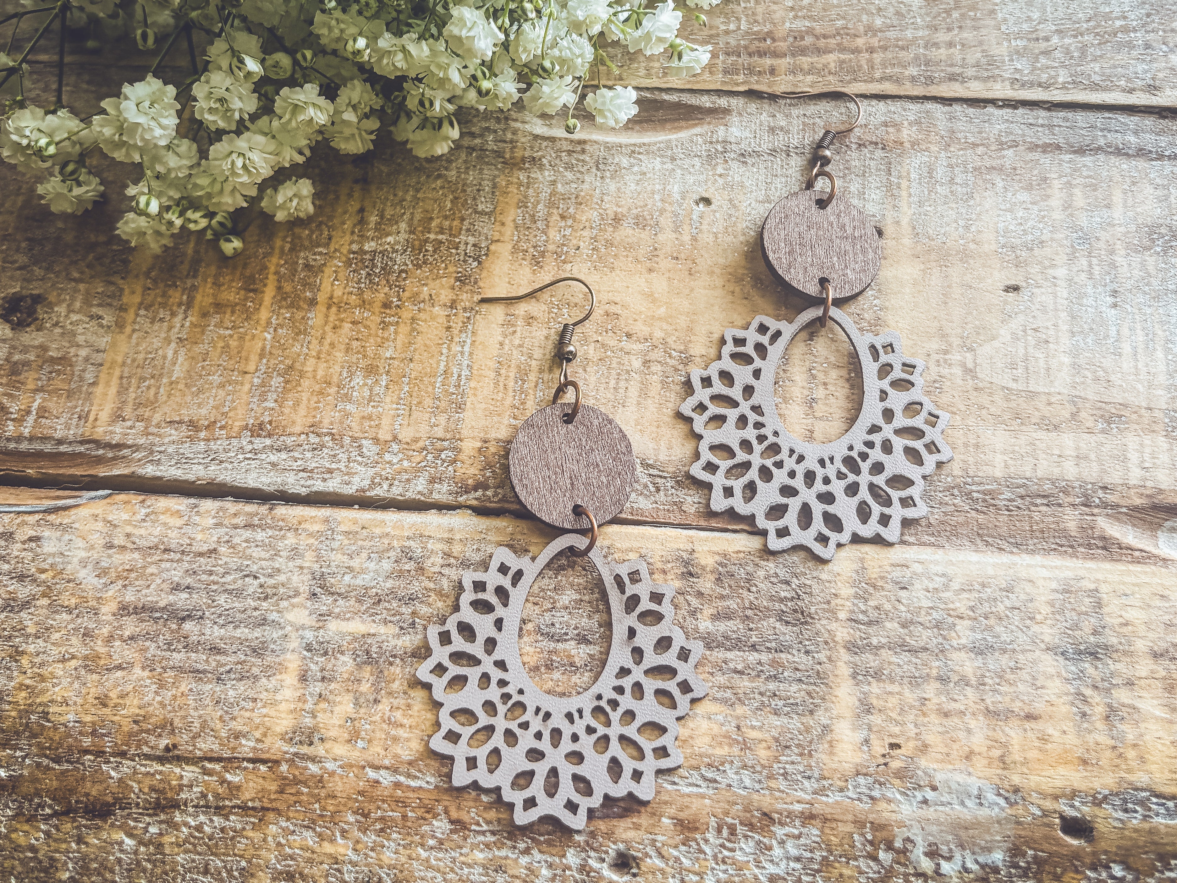 Beautiful Off White Wood Lavender Hued and Leather Earrings
