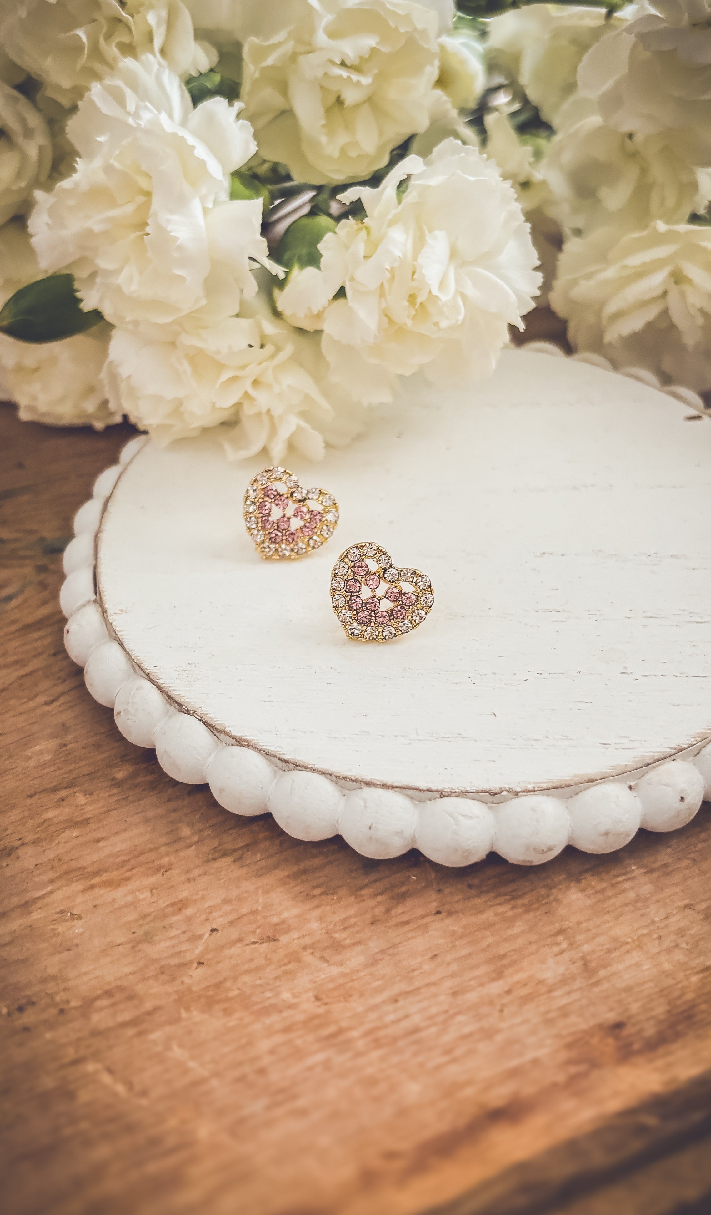 Beautiful Gold and Pink Crystal Heart Earrings